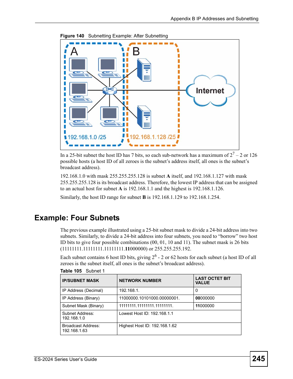 Figure 140 subnetting example: after subnetting, Table 105 subnet 1, Example: four subnets | ZyXEL Communications ES-2024 Series User Manual | Page 245 / 266