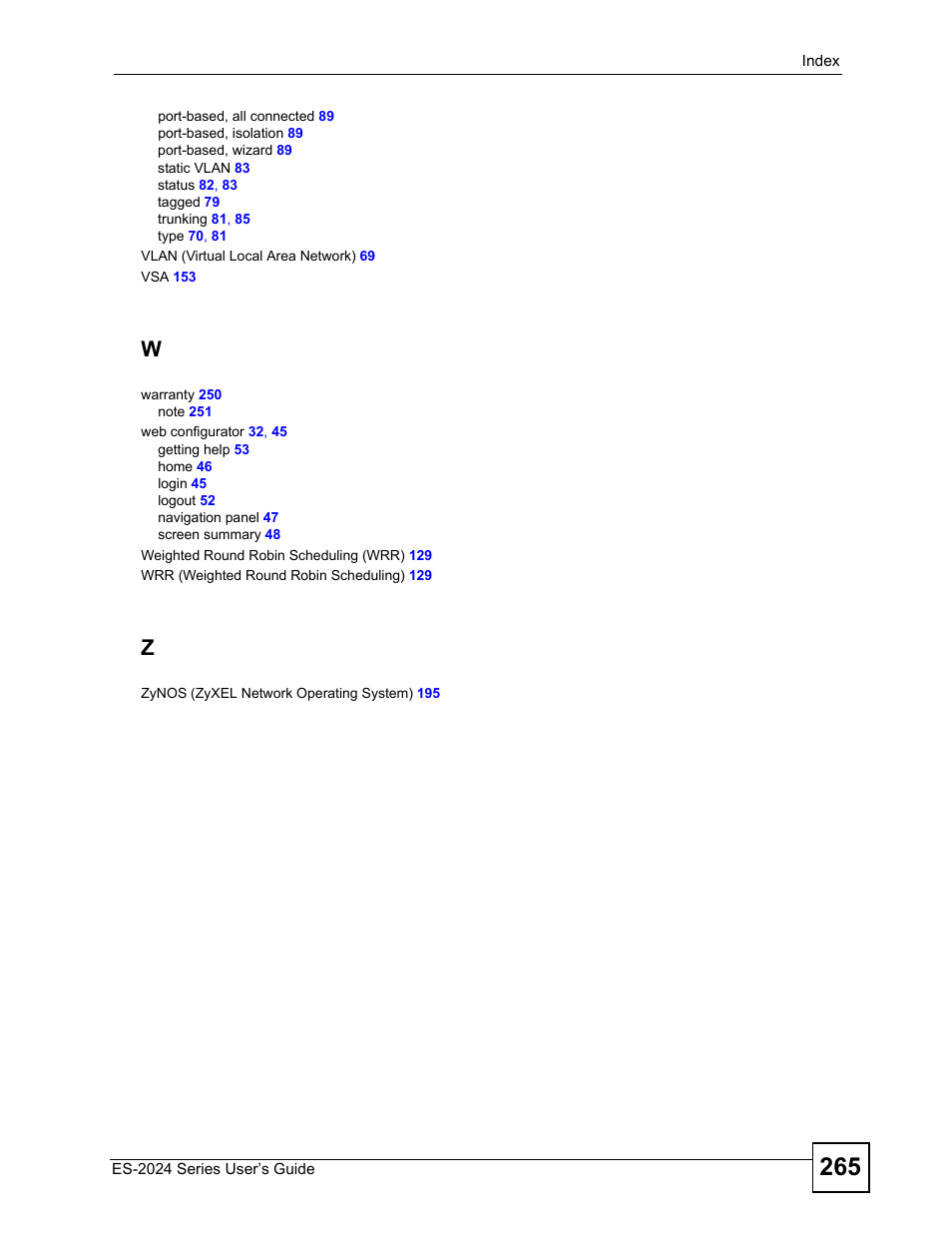 ZyXEL Communications ES-2024 Series User Manual | Page 265 / 266