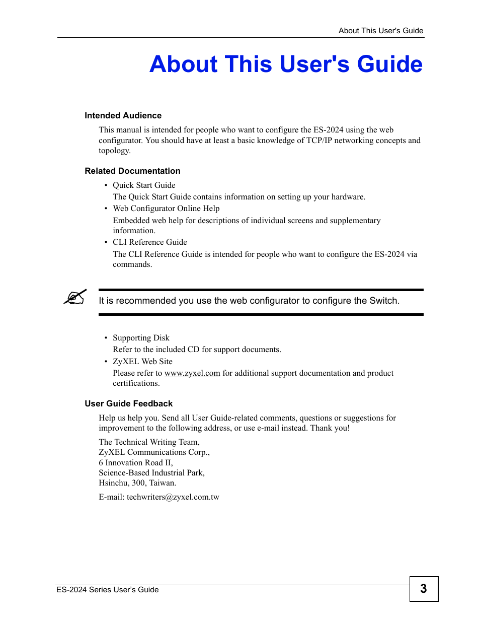 About this user's guide | ZyXEL Communications ES-2024 Series User Manual | Page 3 / 266