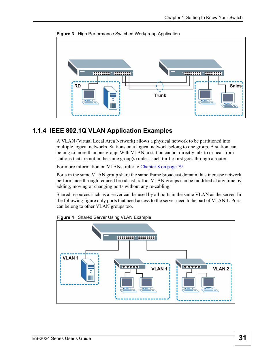 4 ieee 802.1q vlan application examples | ZyXEL Communications ES-2024 Series User Manual | Page 31 / 266