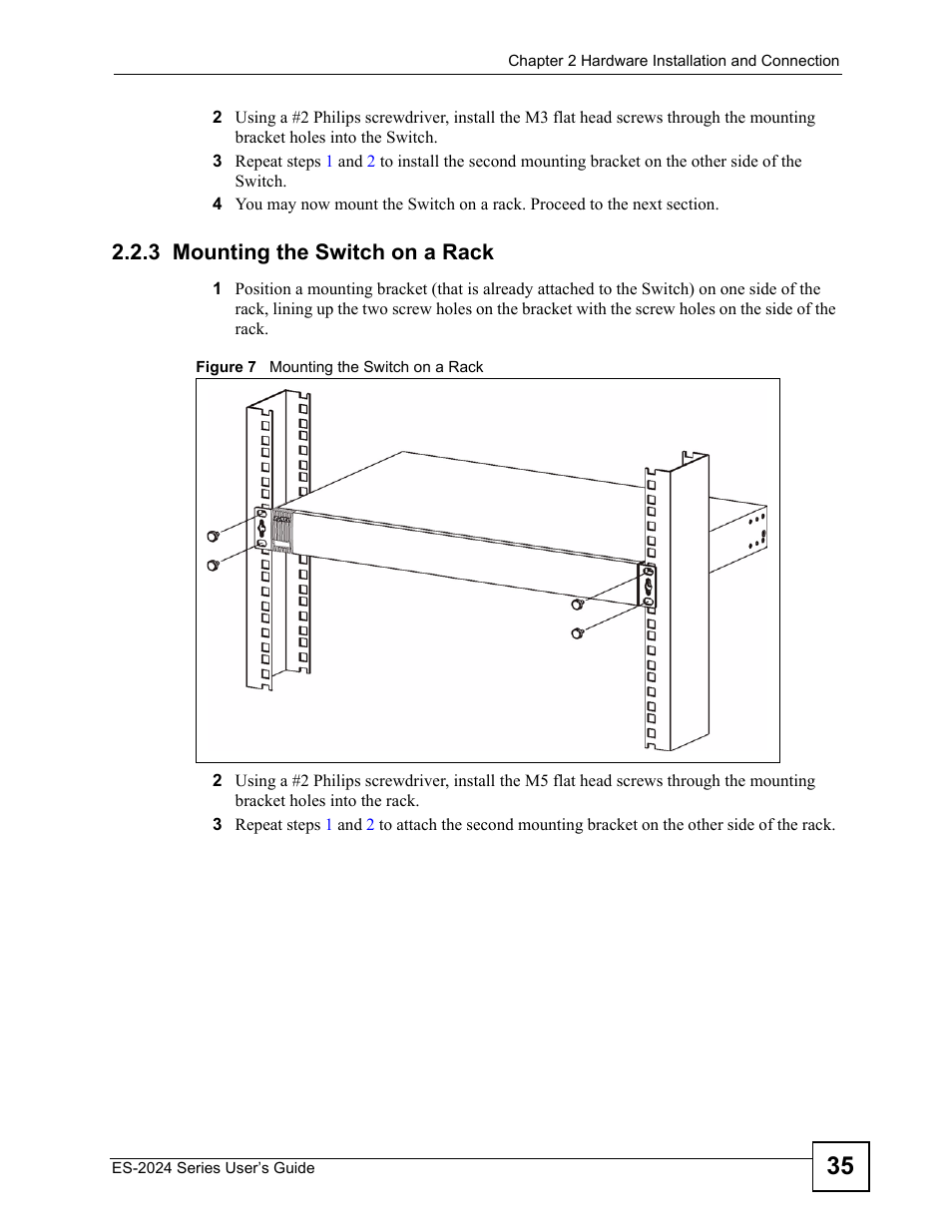 3 mounting the switch on a rack, Figure 7 mounting the switch on a rack | ZyXEL Communications ES-2024 Series User Manual | Page 35 / 266