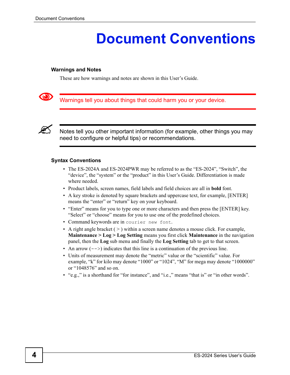 Document conventions | ZyXEL Communications ES-2024 Series User Manual | Page 4 / 266