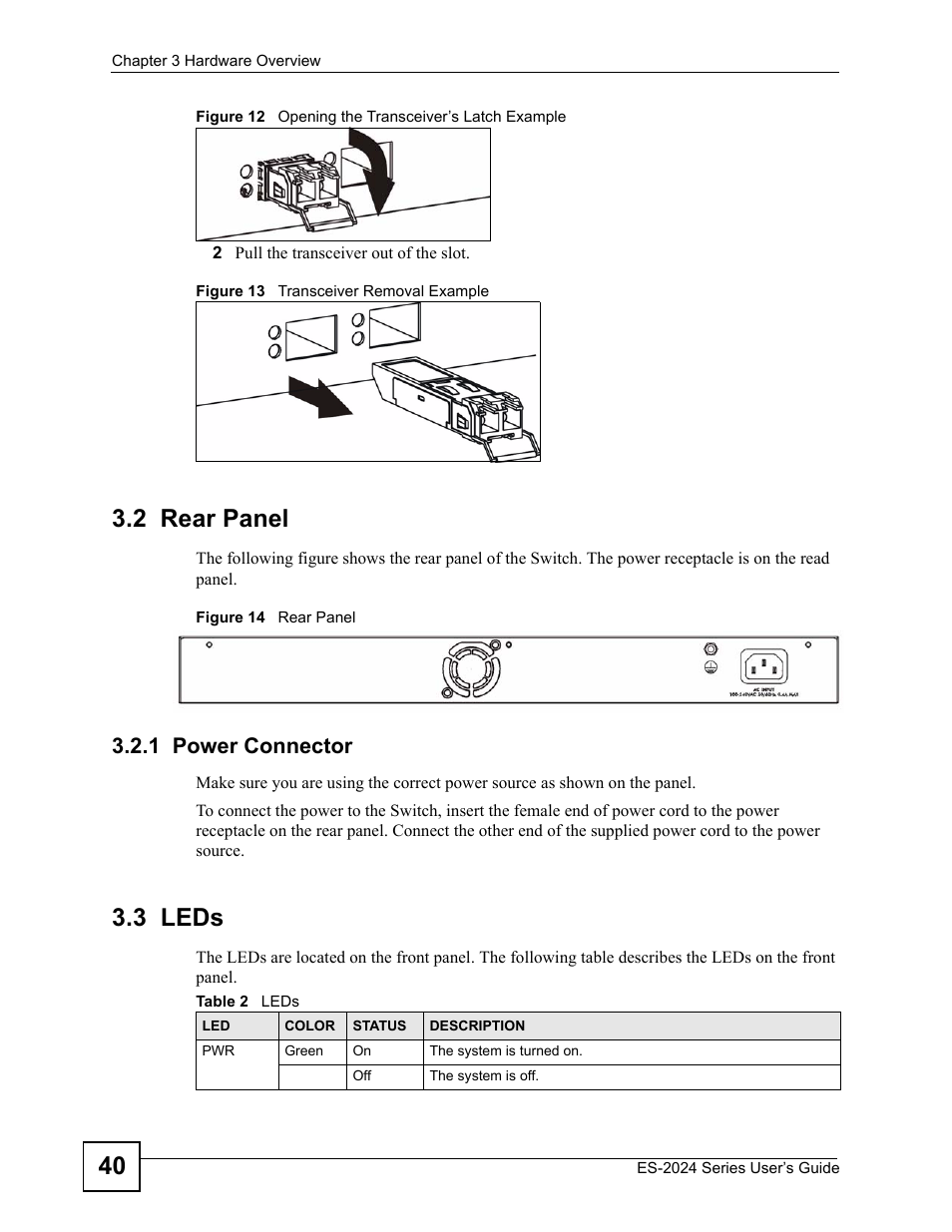 2 rear panel, 1 power connector, 3 leds | Table 2 leds | ZyXEL Communications ES-2024 Series User Manual | Page 40 / 266