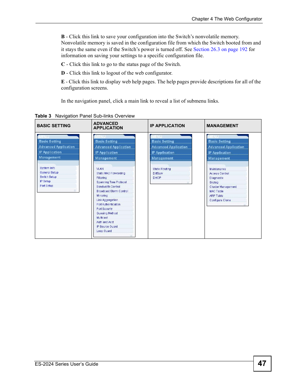 Table 3 navigation panel sub-links overview | ZyXEL Communications ES-2024 Series User Manual | Page 47 / 266