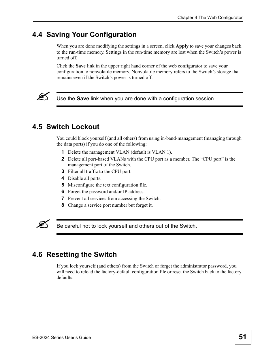 4 saving your configuration, 5 switch lockout, 6 resetting the switch | ZyXEL Communications ES-2024 Series User Manual | Page 51 / 266