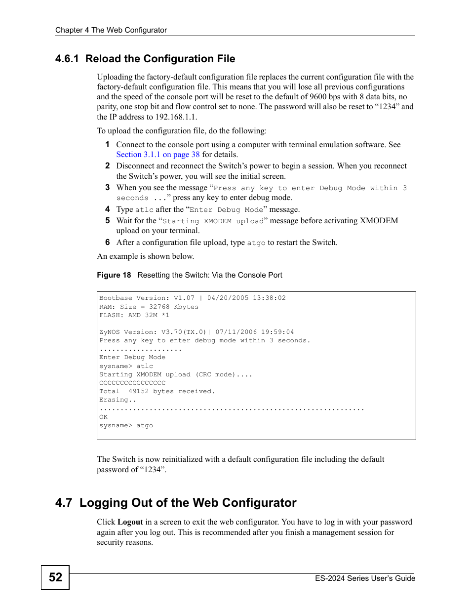 1 reload the configuration file, 7 logging out of the web configurator | ZyXEL Communications ES-2024 Series User Manual | Page 52 / 266