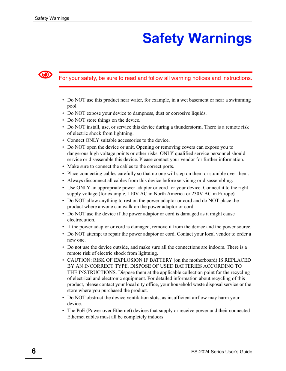 Safety warnings | ZyXEL Communications ES-2024 Series User Manual | Page 6 / 266