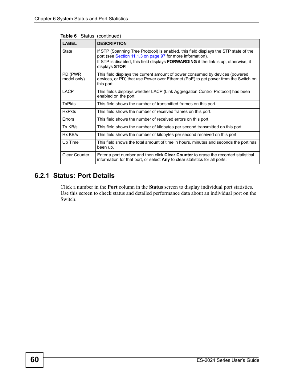1 status: port details | ZyXEL Communications ES-2024 Series User Manual | Page 60 / 266