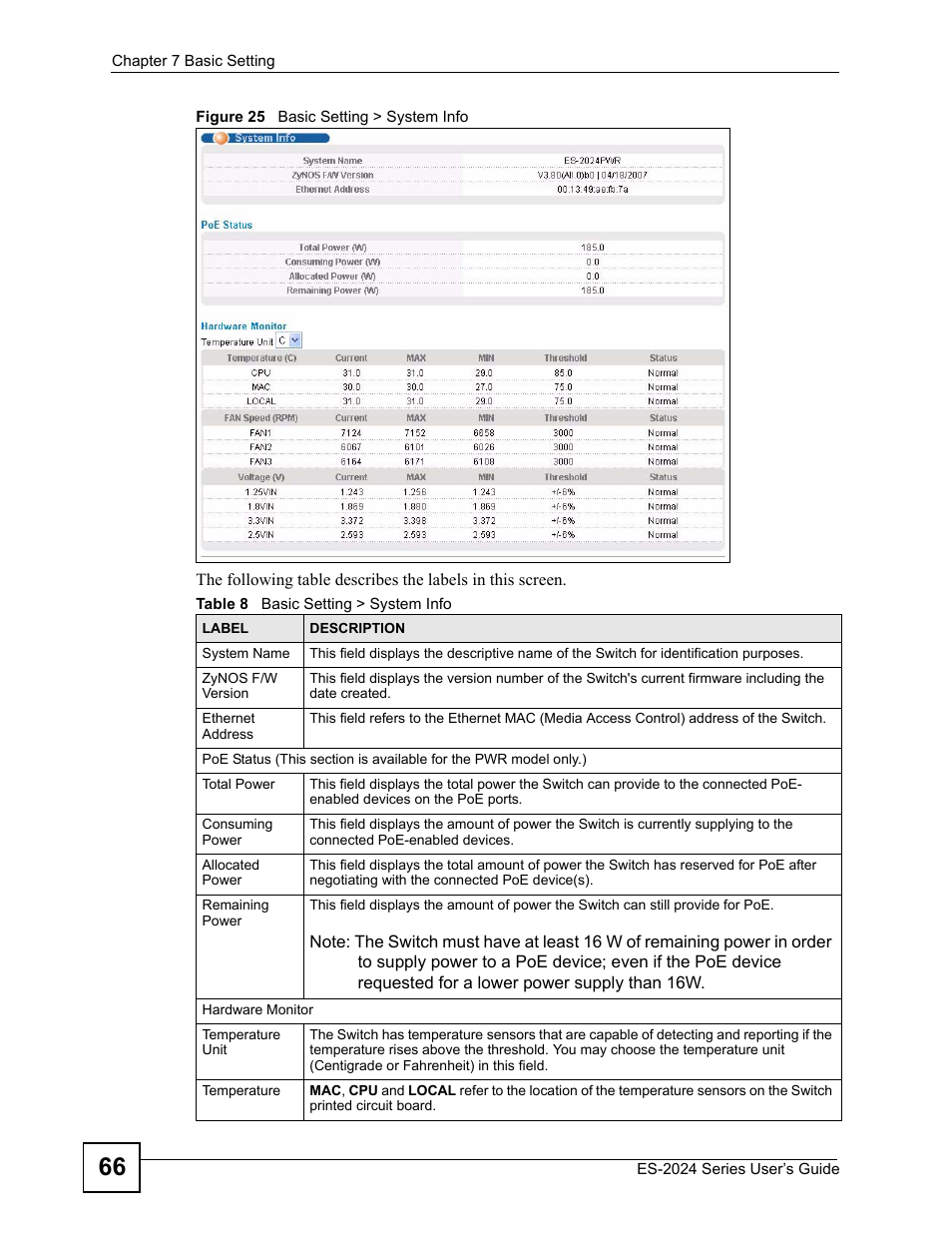Figure 25 basic setting > system info, Table 8 basic setting > system info | ZyXEL Communications ES-2024 Series User Manual | Page 66 / 266
