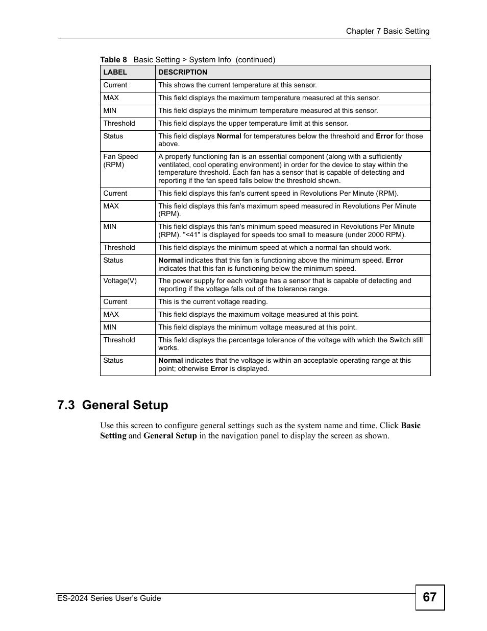 3 general setup, 67 7.3 general setup | ZyXEL Communications ES-2024 Series User Manual | Page 67 / 266
