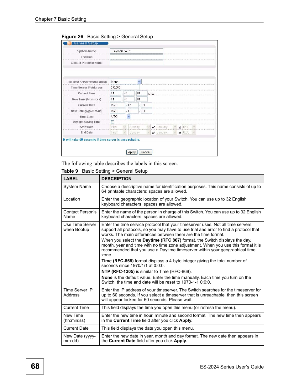 Figure 26 basic setting > general setup, Table 9 basic setting > general setup | ZyXEL Communications ES-2024 Series User Manual | Page 68 / 266