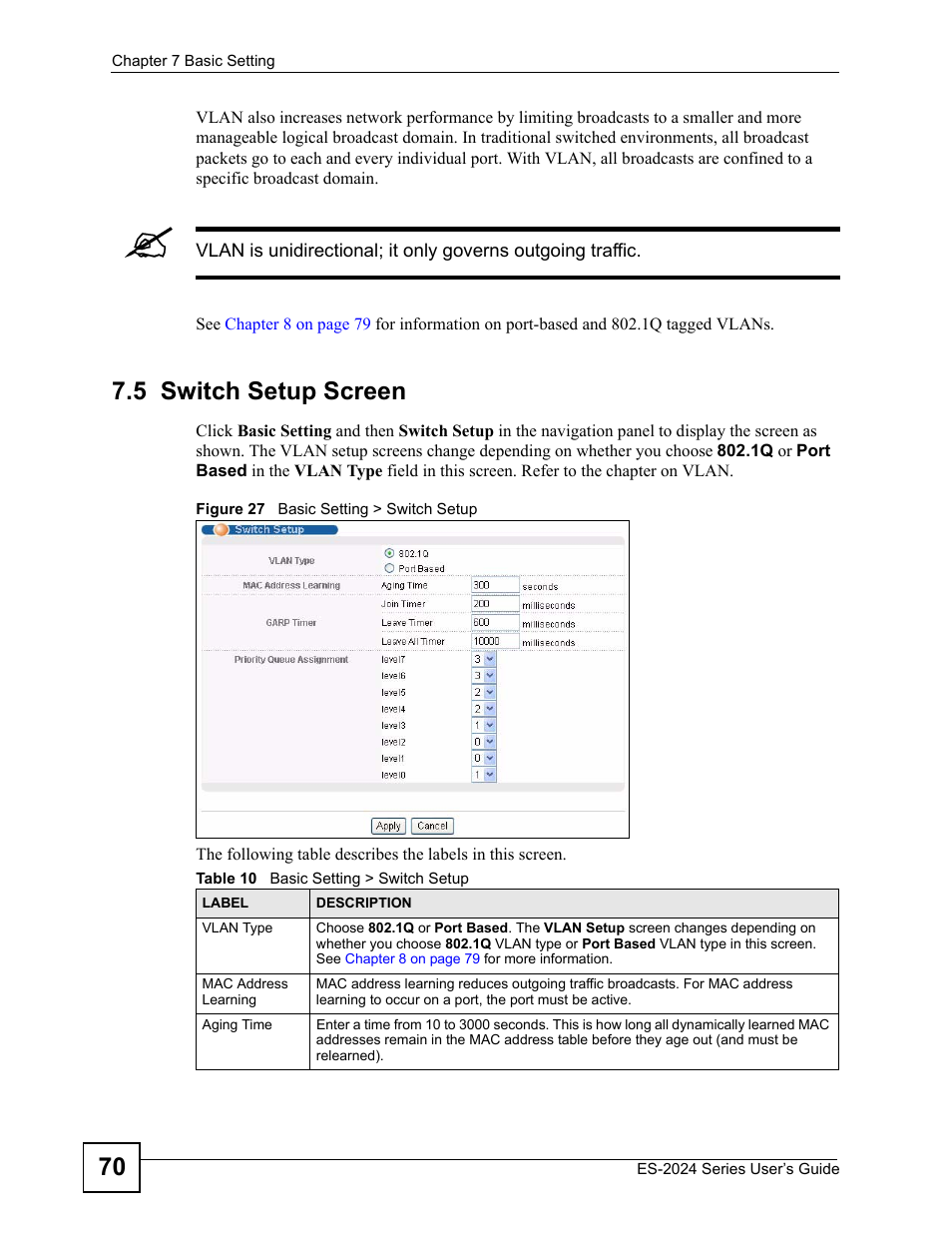 5 switch setup screen, Figure 27 basic setting > switch setup, Table 10 basic setting > switch setup | ZyXEL Communications ES-2024 Series User Manual | Page 70 / 266