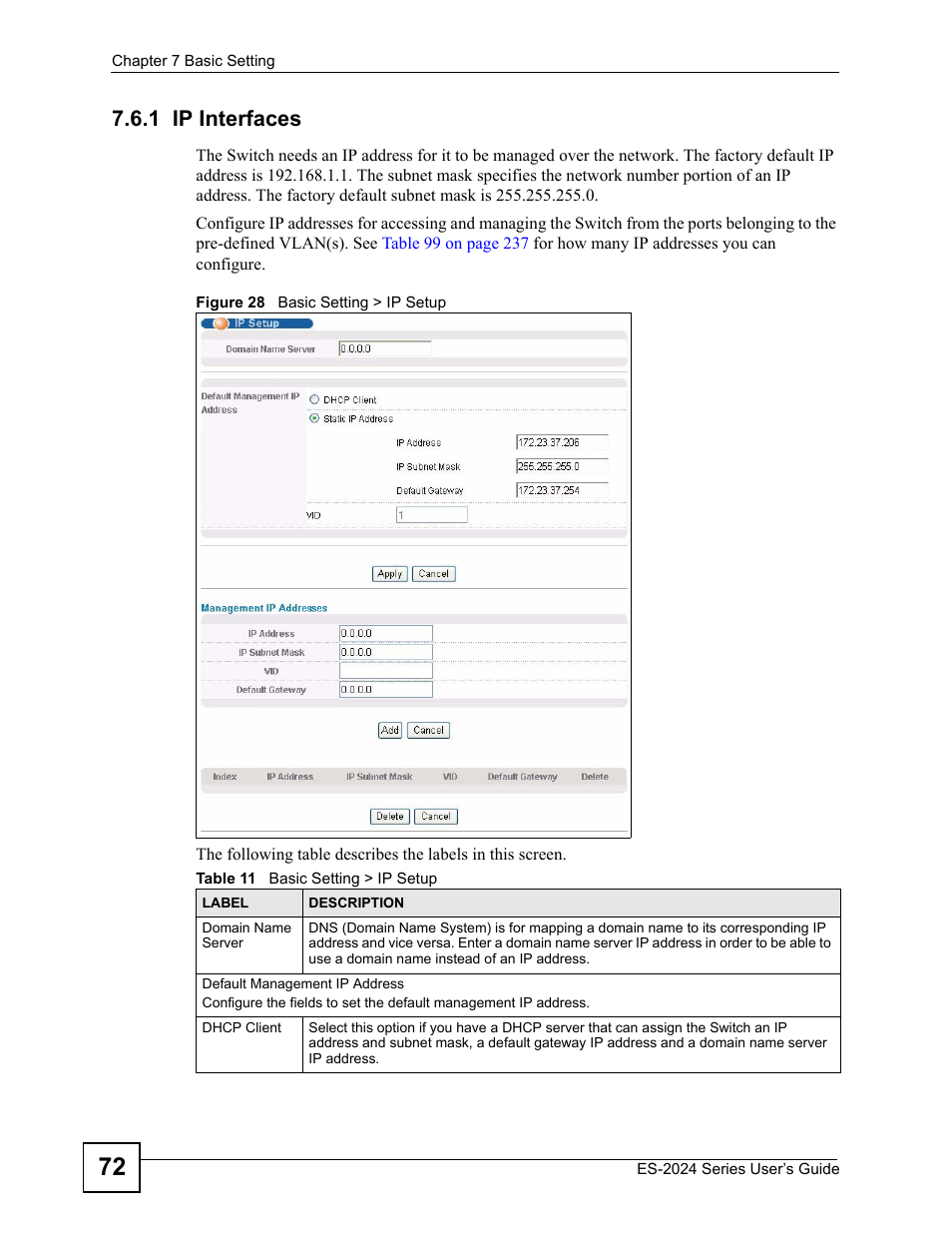 1 ip interfaces, Figure 28 basic setting > ip setup, Table 11 basic setting > ip setup | ZyXEL Communications ES-2024 Series User Manual | Page 72 / 266