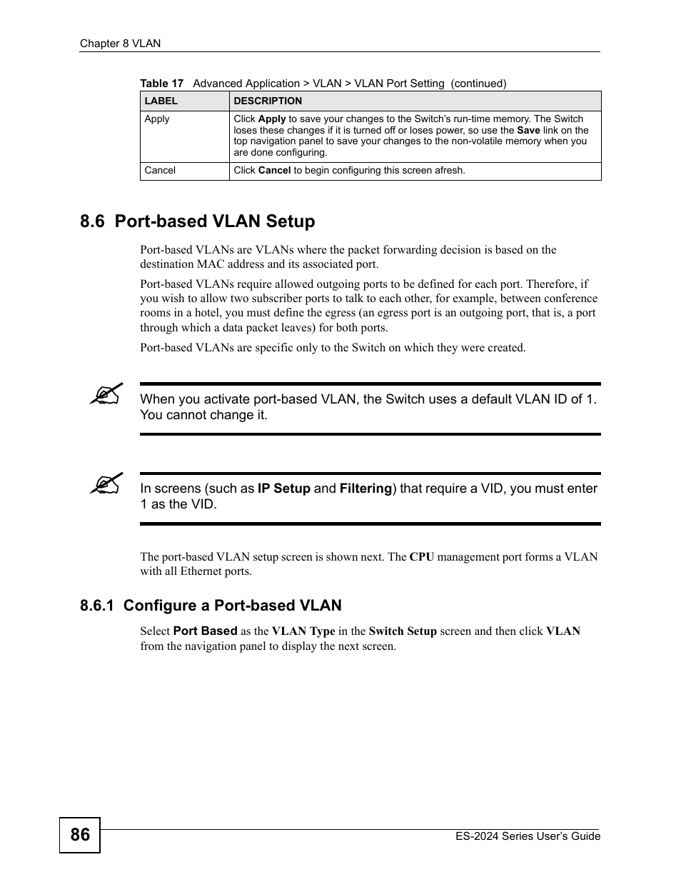 6 port-based vlan setup, 1 configure a port-based vlan, 86 8.6 port-based vlan setup | ZyXEL Communications ES-2024 Series User Manual | Page 86 / 266