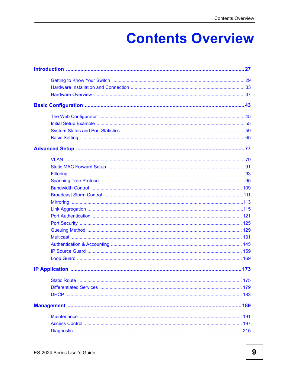 Contents overview | ZyXEL Communications ES-2024 Series User Manual | Page 9 / 266