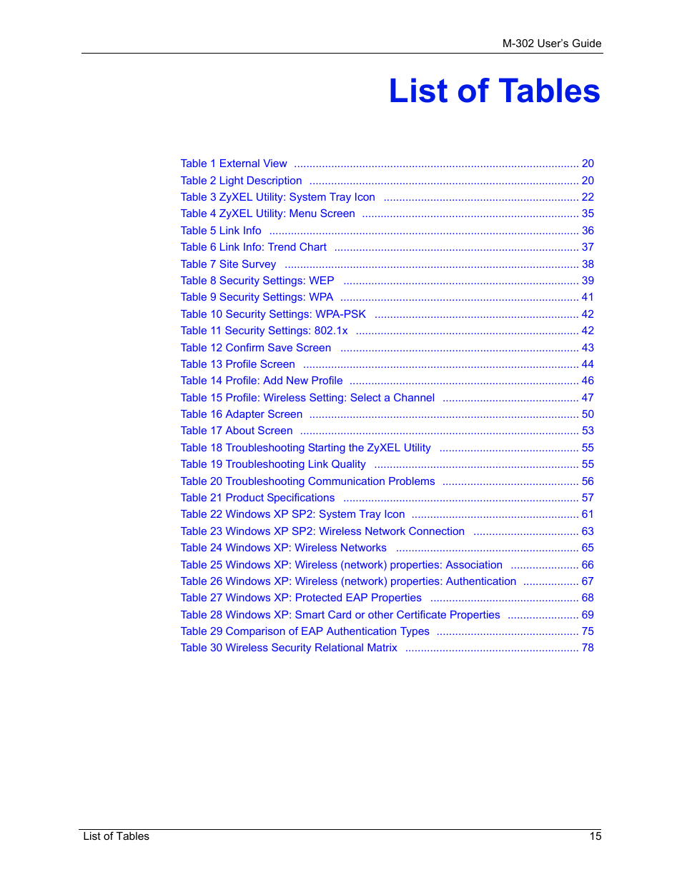 List of tables | ZyXEL Communications M-302 User Manual | Page 15 / 81