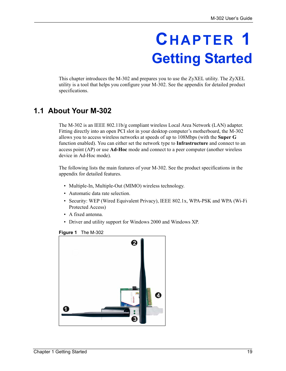 Getting started, Chapter 1 getting started, 1 about your m-302 | Figure 1 the m-302 | ZyXEL Communications M-302 User Manual | Page 19 / 81