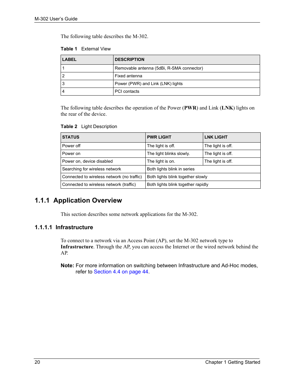 1 infrastructure, 1 application overview, Table 1 external view table 2 light description | ZyXEL Communications M-302 User Manual | Page 20 / 81