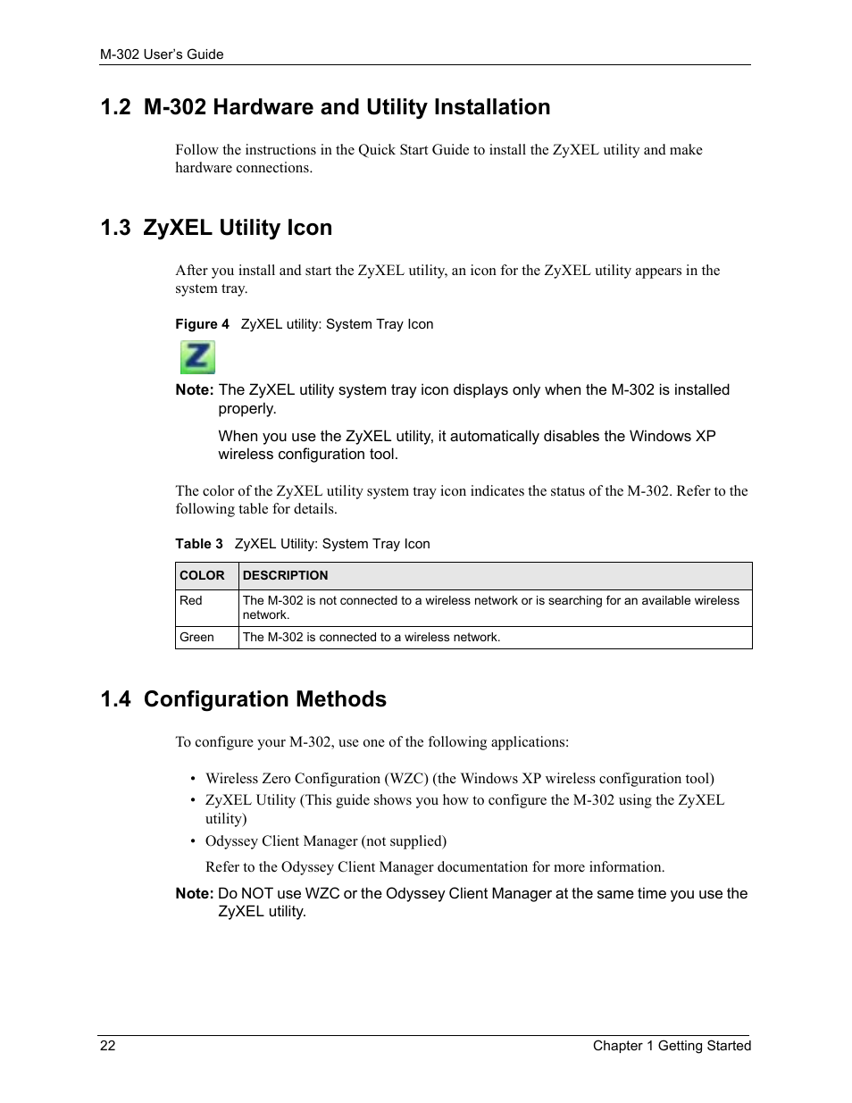 2 m-302 hardware and utility installation, Figure 4 zyxel utility: system tray icon, Table 3 zyxel utility: system tray icon | 3 zyxel utility icon, 4 configuration methods | ZyXEL Communications M-302 User Manual | Page 22 / 81