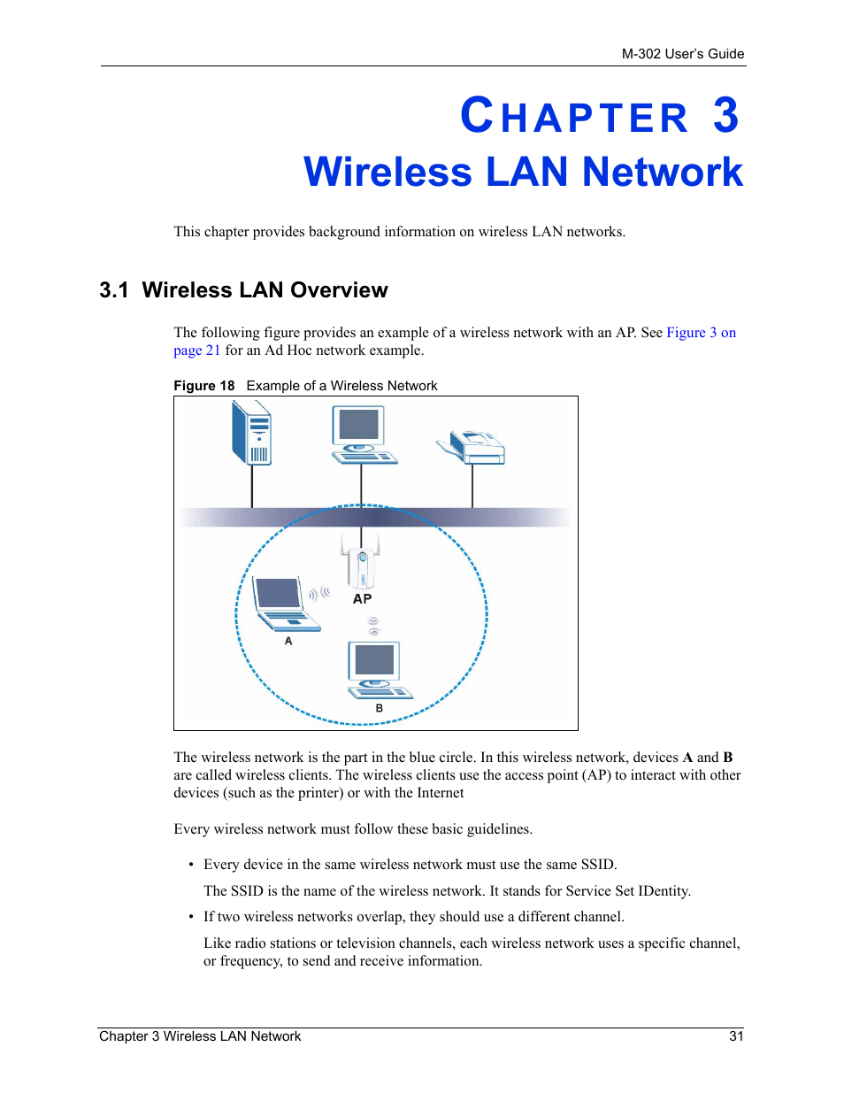 Wireless lan network, Chapter 3 wireless lan network, 1 wireless lan overview | Figure 18 example of a wireless network | ZyXEL Communications M-302 User Manual | Page 31 / 81