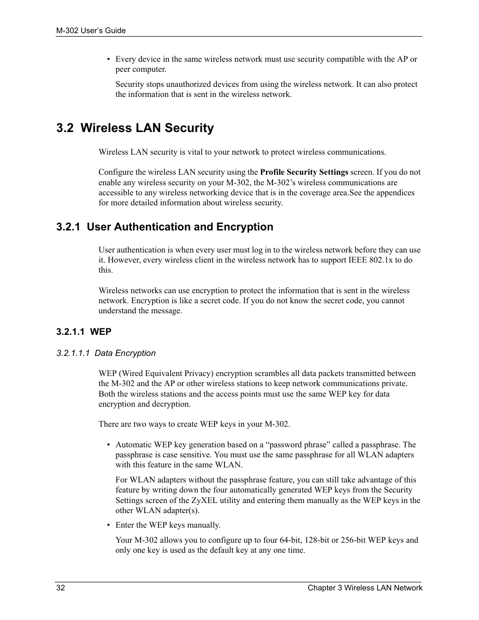 1 wep, 2 wireless lan security, 1 user authentication and encryption | ZyXEL Communications M-302 User Manual | Page 32 / 81