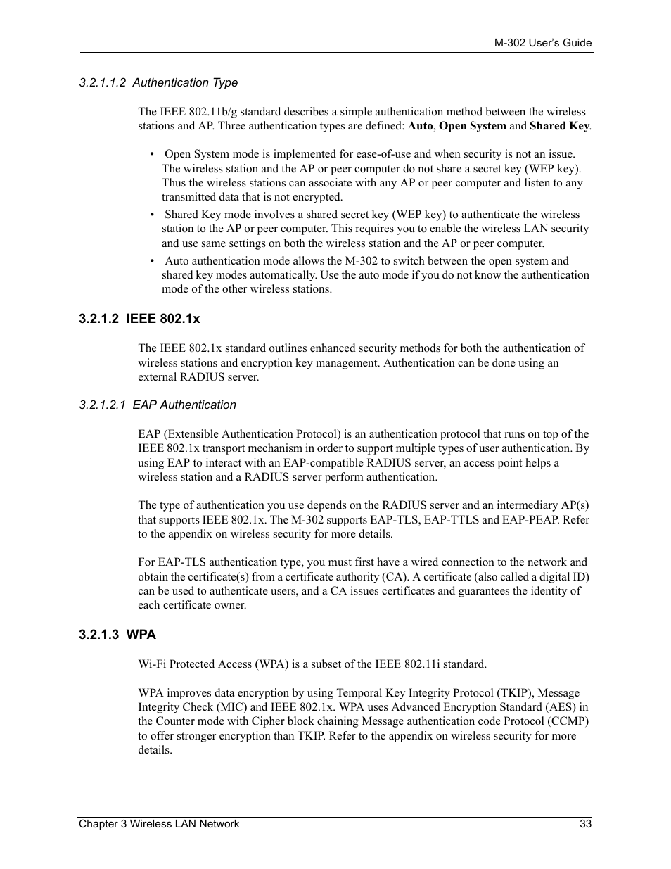 2 ieee 802.1x, 3 wpa, 2 ieee 802.1x 3.2.1.3 wpa | ZyXEL Communications M-302 User Manual | Page 33 / 81