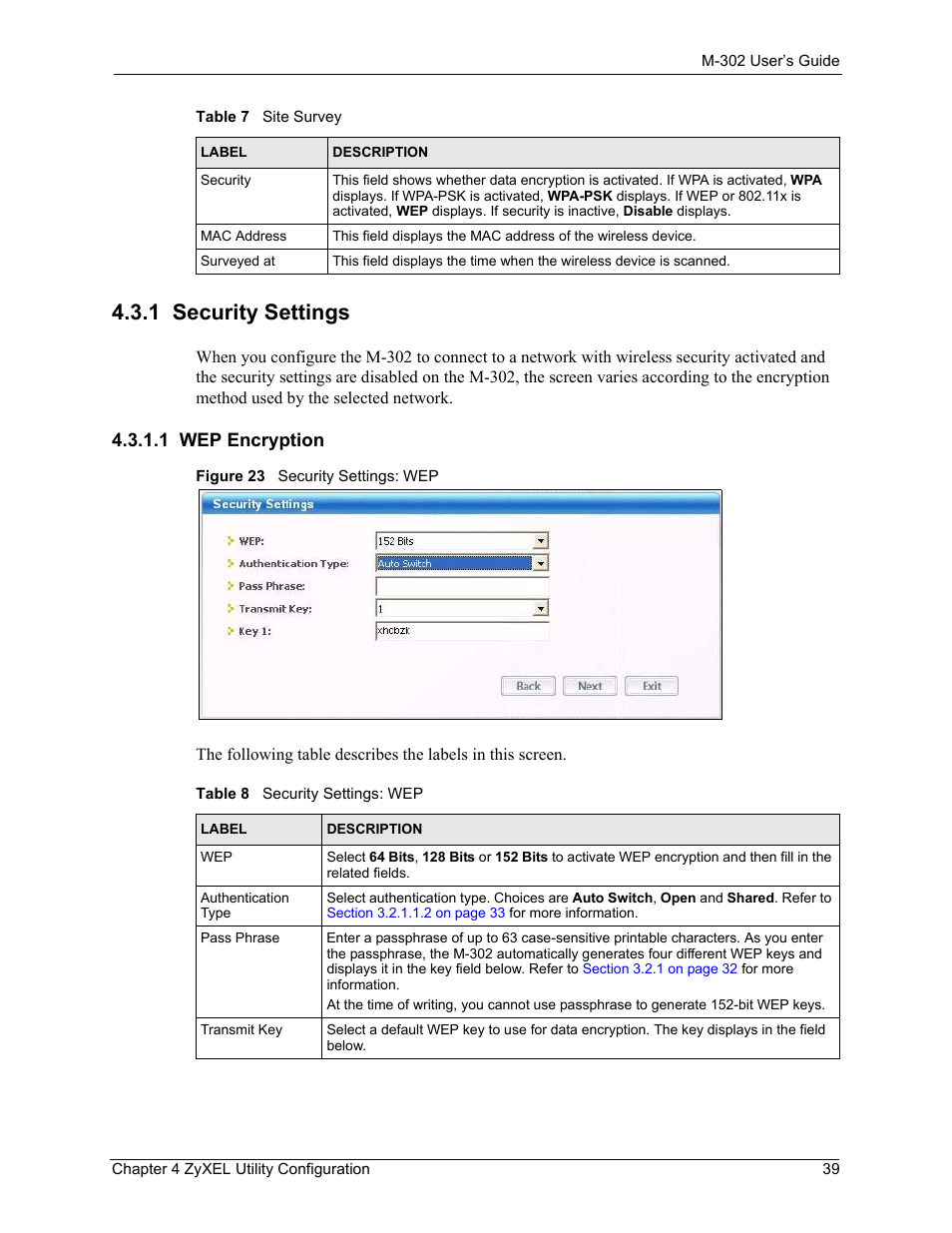 1 wep encryption, 1 security settings, Figure 23 security settings: wep | Table 8 security settings: wep | ZyXEL Communications M-302 User Manual | Page 39 / 81