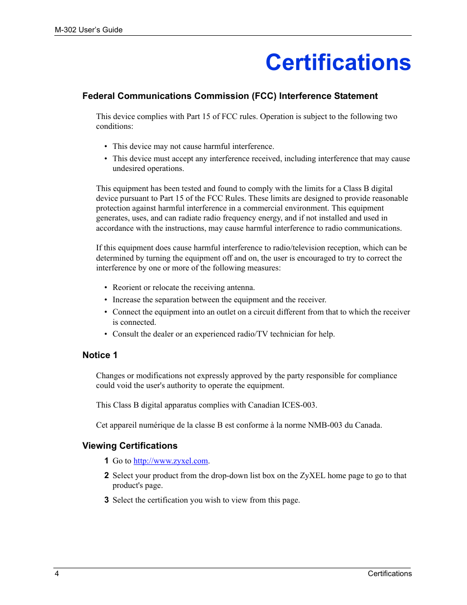 Certifications | ZyXEL Communications M-302 User Manual | Page 4 / 81