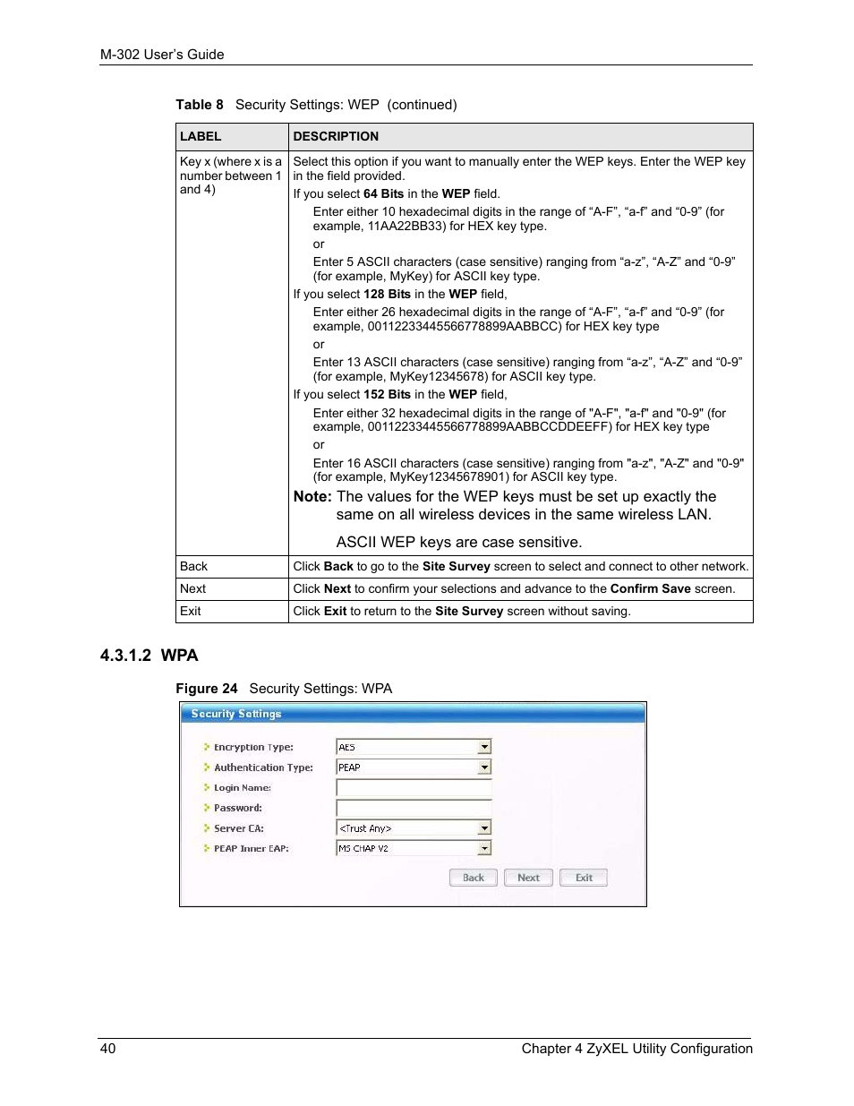 2 wpa, Figure 24 security settings: wpa | ZyXEL Communications M-302 User Manual | Page 40 / 81