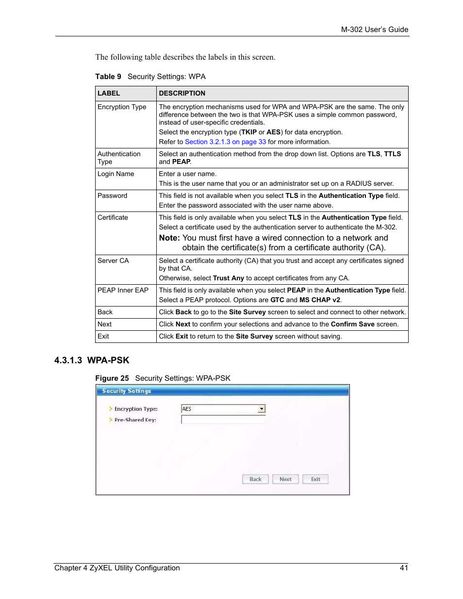 3 wpa-psk, Figure 25 security settings: wpa-psk, Table 9 security settings: wpa | ZyXEL Communications M-302 User Manual | Page 41 / 81