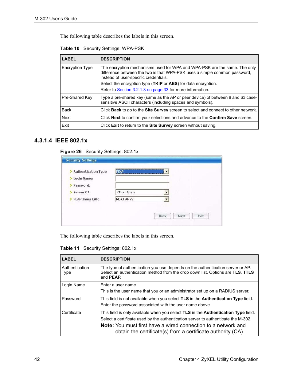 4 ieee 802.1x, Figure 26 security settings: 802.1x | ZyXEL Communications M-302 User Manual | Page 42 / 81
