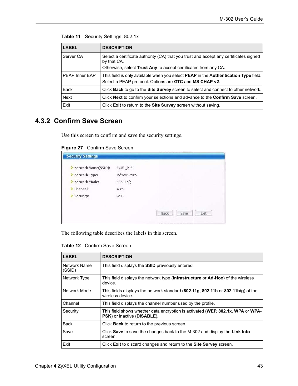2 confirm save screen, Figure 27 confirm save screen, Table 12 confirm save screen | ZyXEL Communications M-302 User Manual | Page 43 / 81