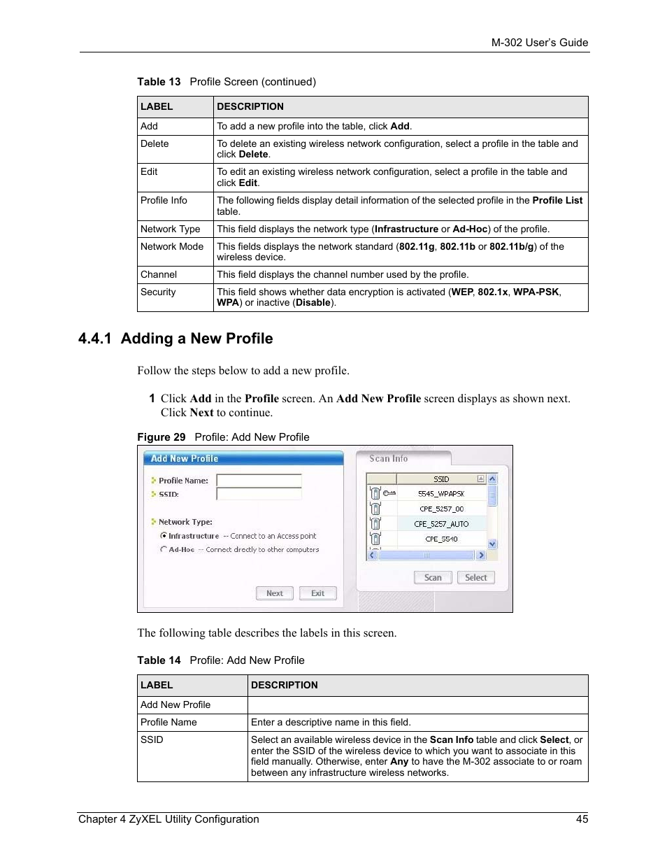 1 adding a new profile, Figure 29 profile: add new profile, Table 14 profile: add new profile | ZyXEL Communications M-302 User Manual | Page 45 / 81