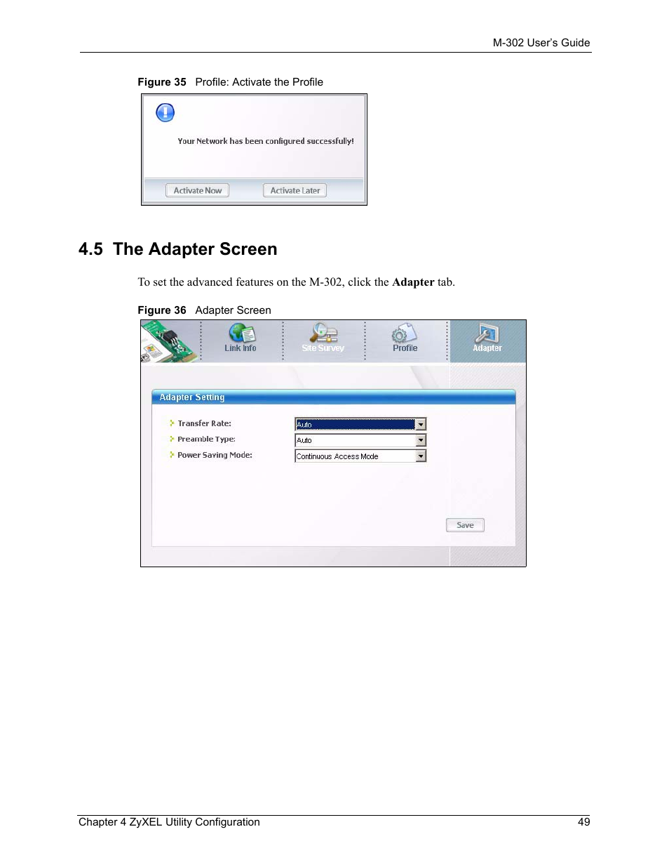 5 the adapter screen | ZyXEL Communications M-302 User Manual | Page 49 / 81