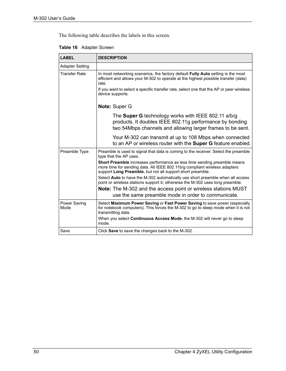 Table 16 adapter screen | ZyXEL Communications M-302 User Manual | Page 50 / 81