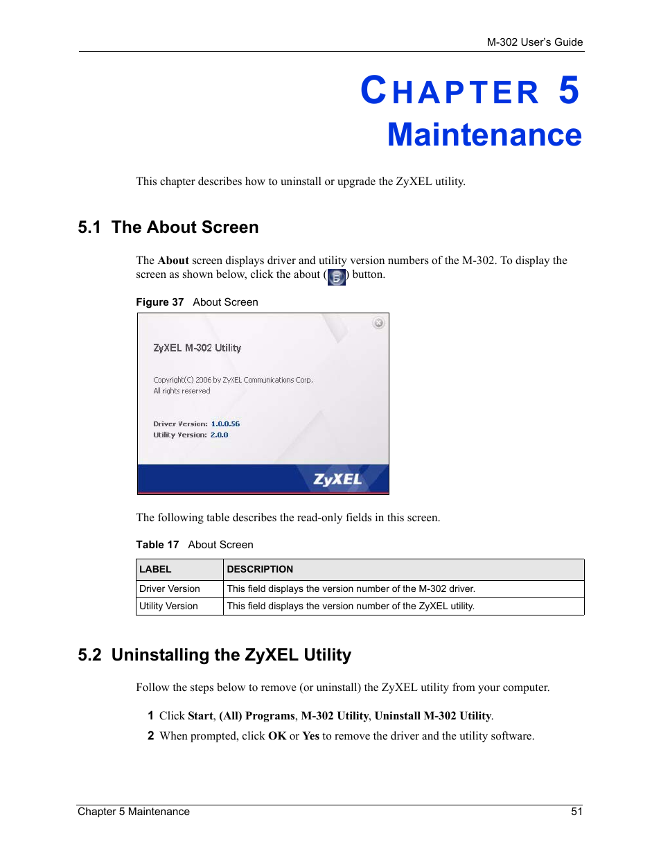 Maintenance, Chapter 5 maintenance, Figure 37 about screen | Table 17 about screen | ZyXEL Communications M-302 User Manual | Page 51 / 81