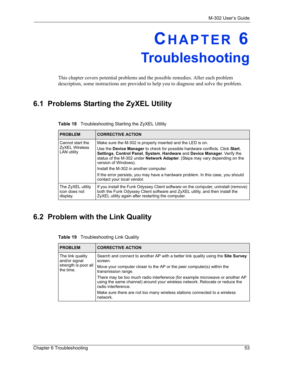 Troubleshooting, 2 problem with the link quality, Chapter 6 troubleshooting | ZyXEL Communications M-302 User Manual | Page 53 / 81