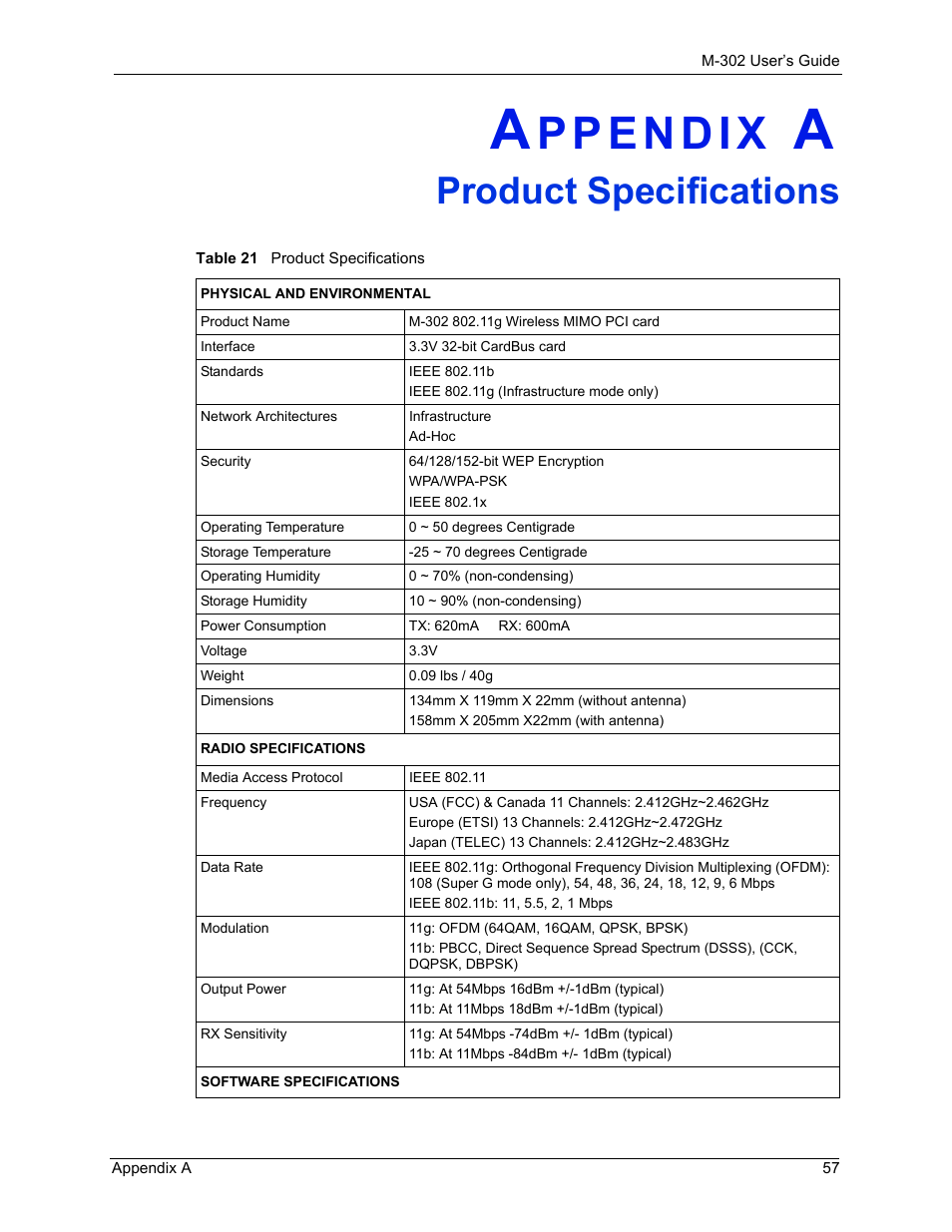 Product specifications, Appendix a product specifications, Table 21 product specifications | ZyXEL Communications M-302 User Manual | Page 57 / 81