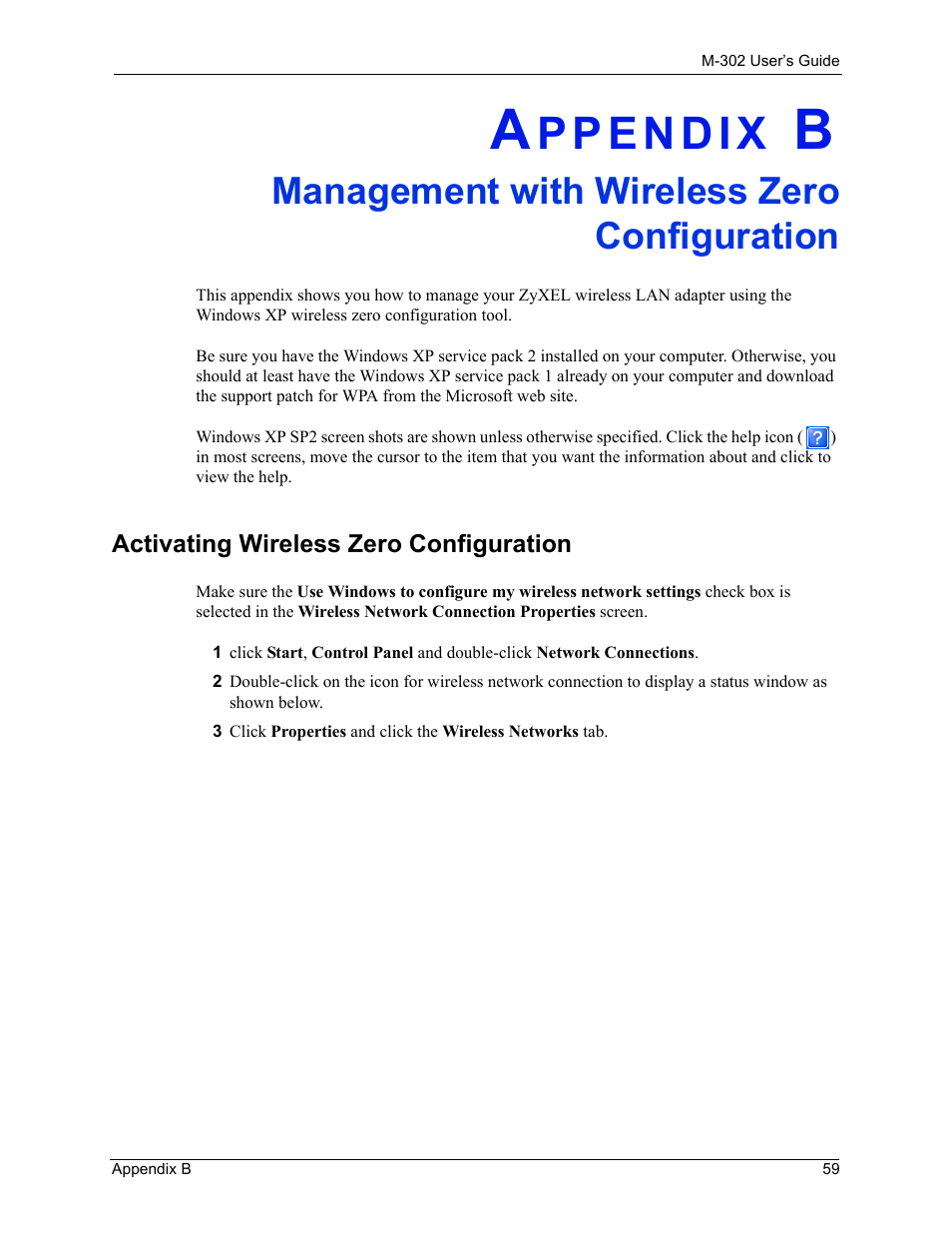 Management with wireless zero configuration, Activating wireless zero configuration | ZyXEL Communications M-302 User Manual | Page 59 / 81