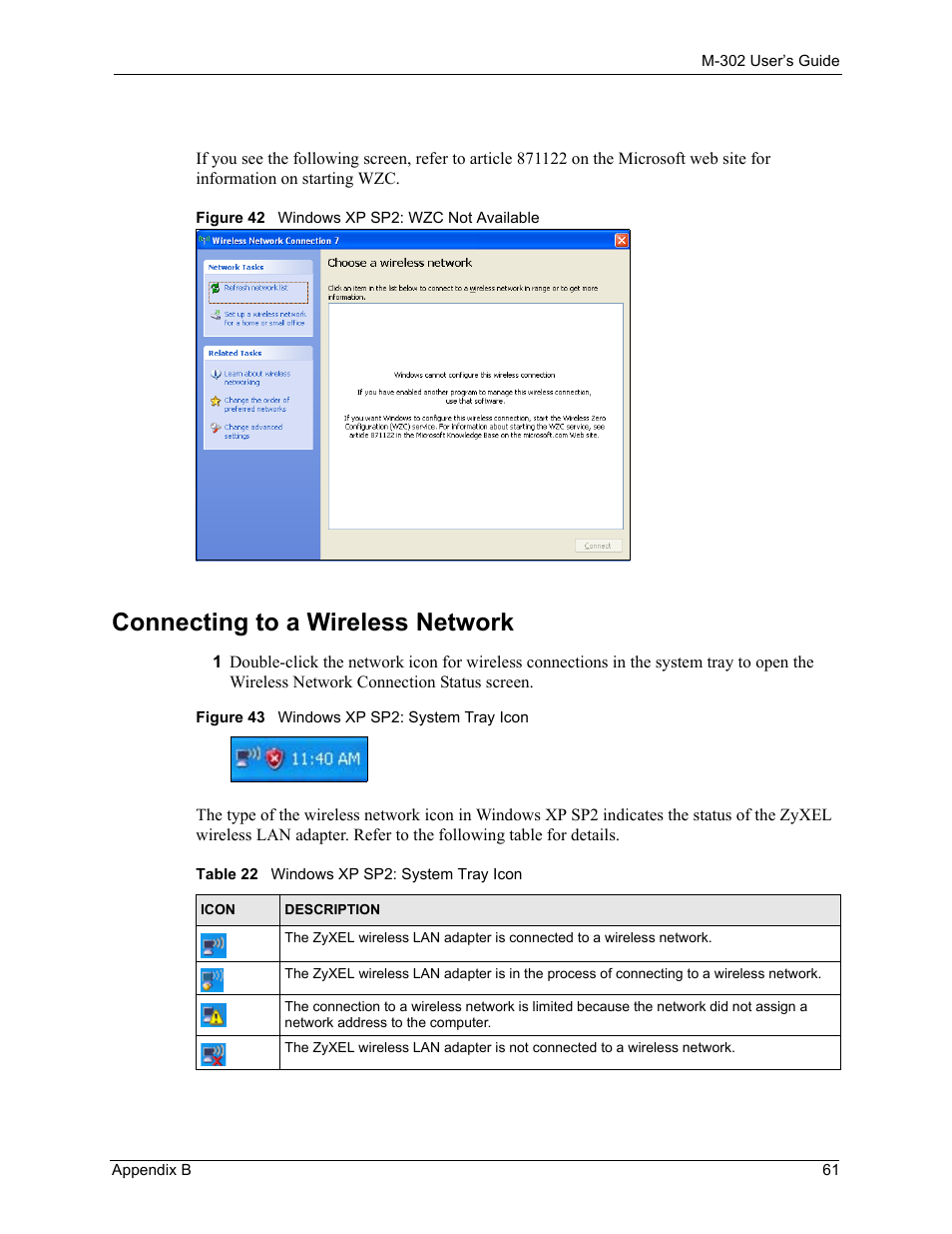 Connecting to a wireless network, Table 22 windows xp sp2: system tray icon | ZyXEL Communications M-302 User Manual | Page 61 / 81