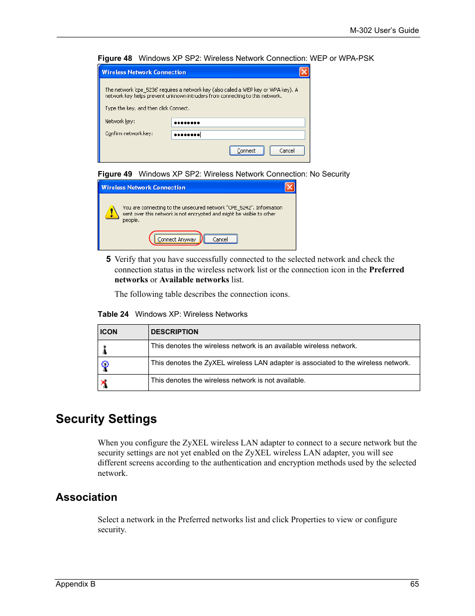 Security settings, Association, Table 24 windows xp: wireless networks | ZyXEL Communications M-302 User Manual | Page 65 / 81