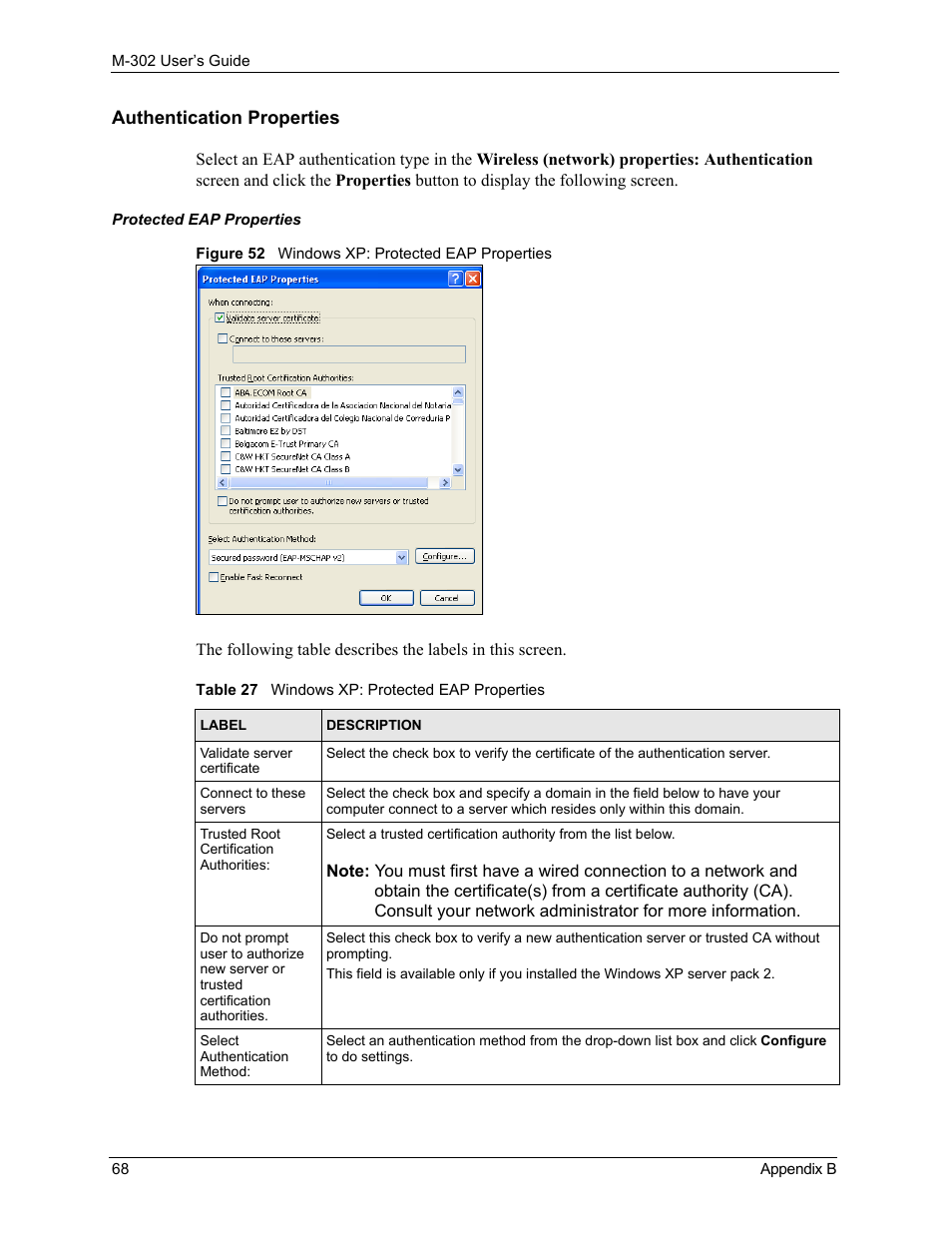 Figure 52 windows xp: protected eap properties, Table 27 windows xp: protected eap properties | ZyXEL Communications M-302 User Manual | Page 68 / 81