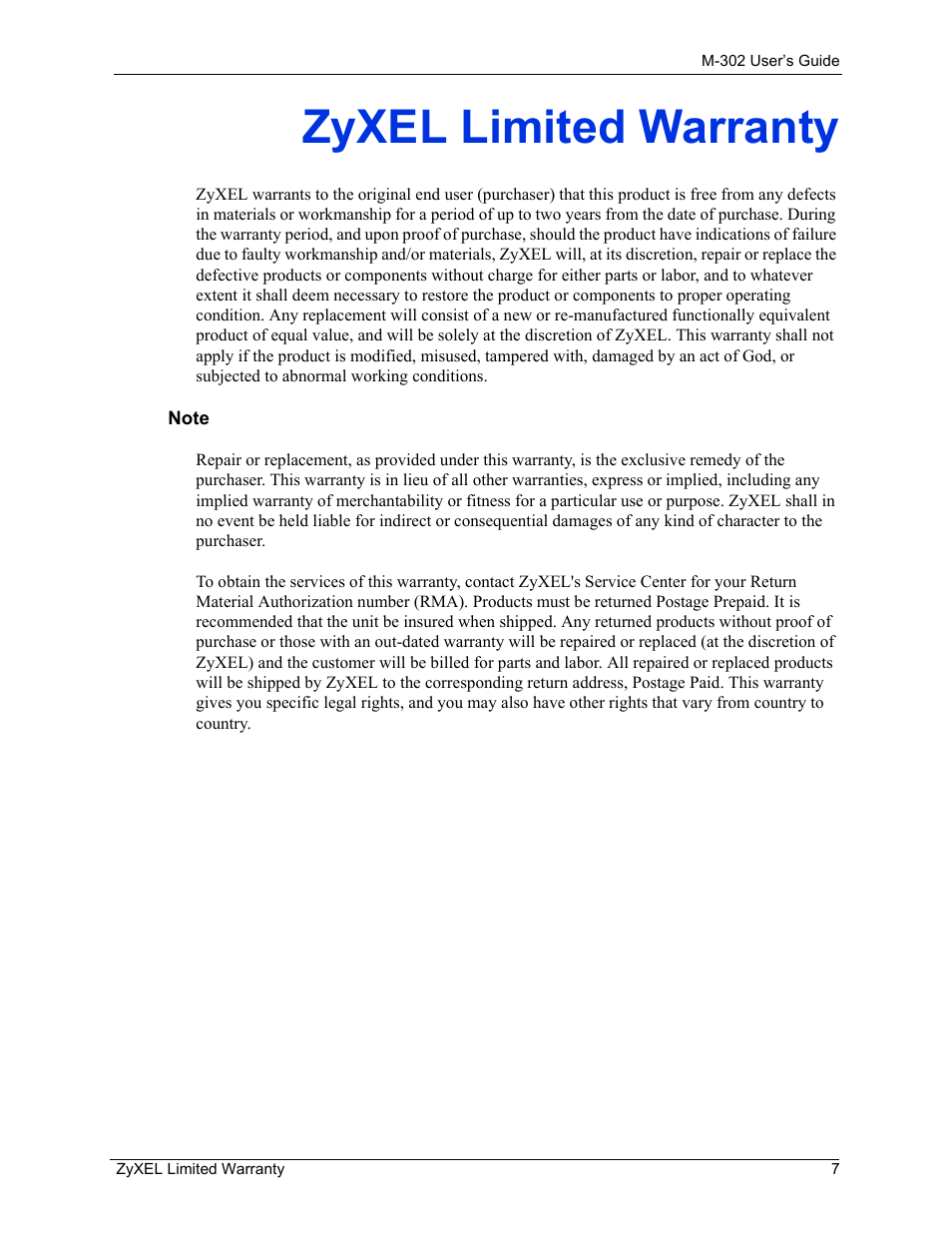 Zyxel limited warranty | ZyXEL Communications M-302 User Manual | Page 7 / 81