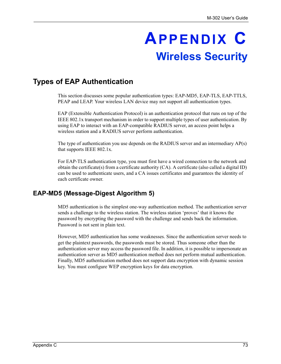 Wireless security, Types of eap authentication, Eap-md5 (message-digest algorithm 5) | Appendix c wireless security | ZyXEL Communications M-302 User Manual | Page 73 / 81