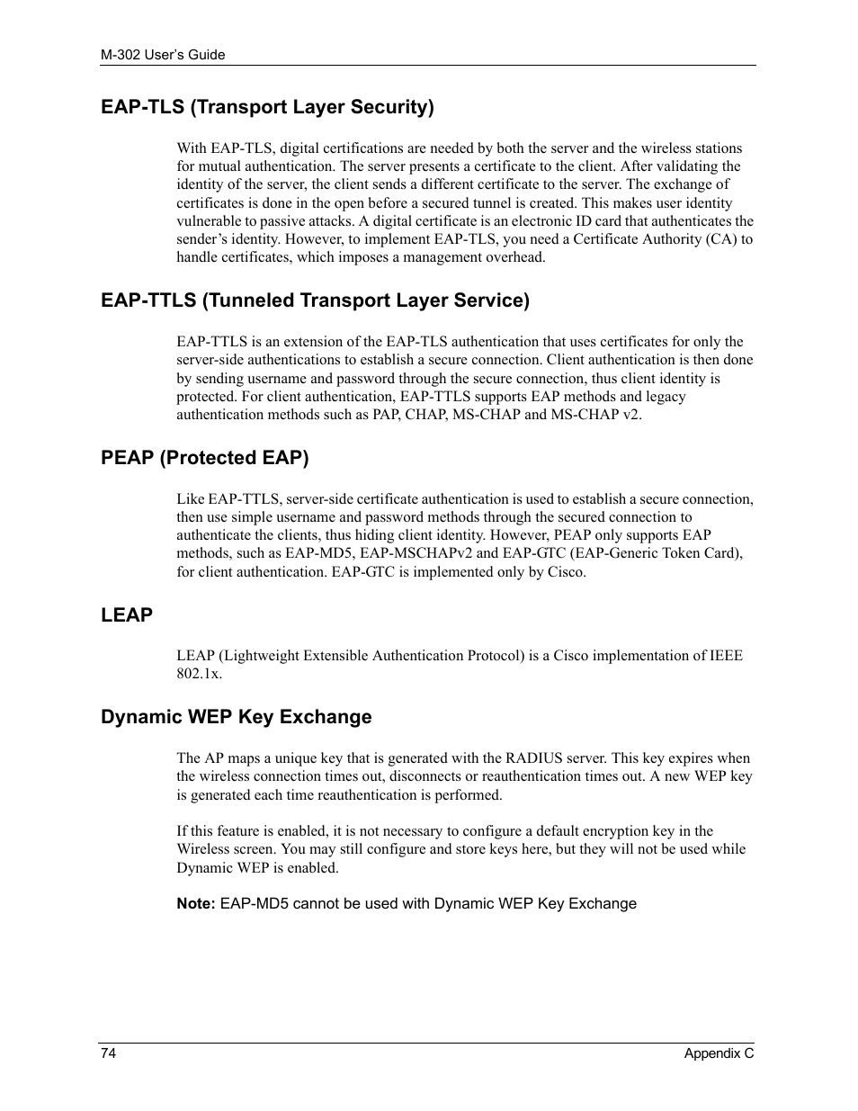 Eap-tls (transport layer security), Eap-ttls (tunneled transport layer service), Peap (protected eap) | Leap, Dynamic wep key exchange | ZyXEL Communications M-302 User Manual | Page 74 / 81