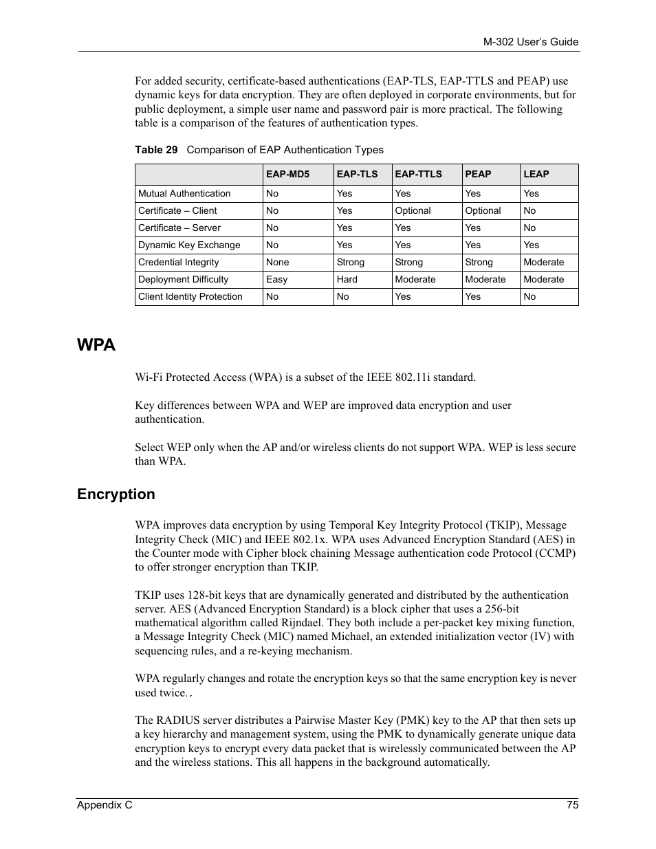 Encryption, Table 29 comparison of eap authentication types | ZyXEL Communications M-302 User Manual | Page 75 / 81