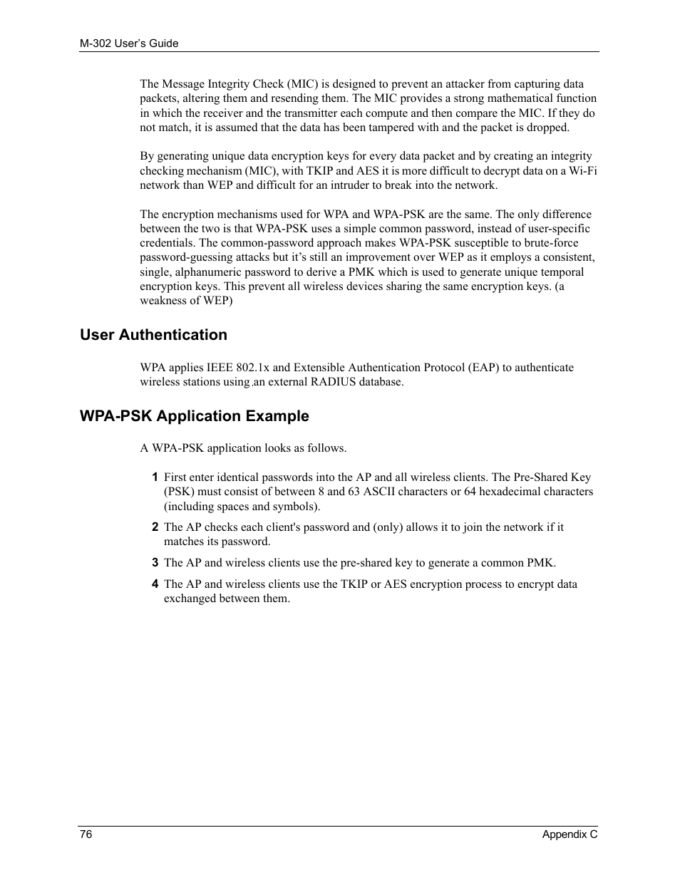 User authentication, Wpa-psk application example | ZyXEL Communications M-302 User Manual | Page 76 / 81