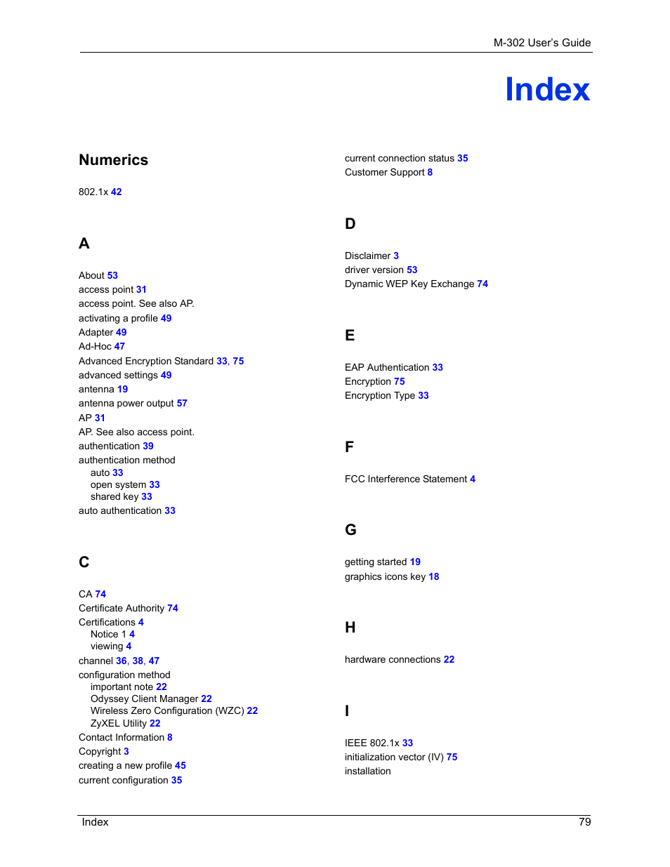 Index, Numerics | ZyXEL Communications M-302 User Manual | Page 79 / 81