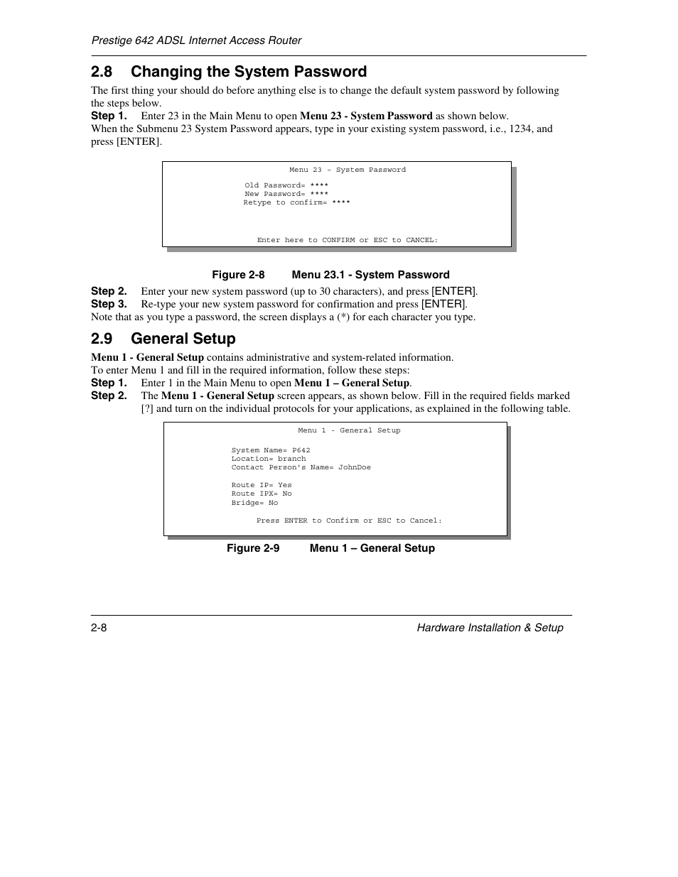 Changing the system password, General setup, 8 changing the system password | 9 general setup | ZyXEL Communications Prestige 642 User Manual | Page 115 / 155
