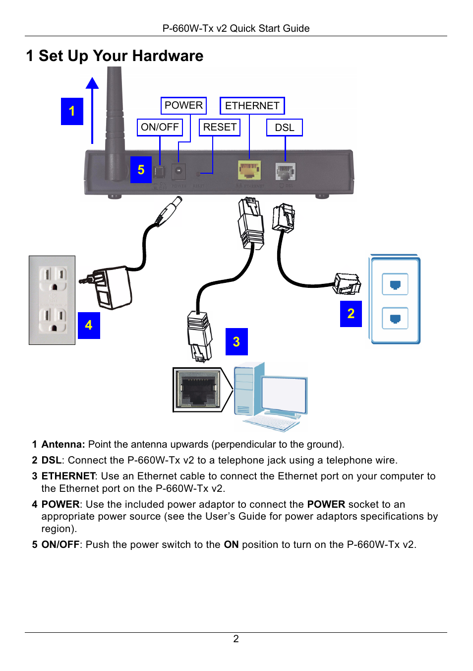 1 set up your hardware | ZyXEL Communications P-660W-Tx v2 User Manual | Page 3 / 11